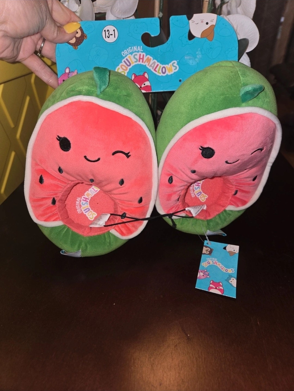 Squishmallows Watermelon Slippers - Green & Pink Plush